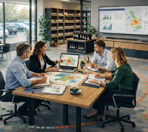 Team reviewing territory maps and charts around a meeting table