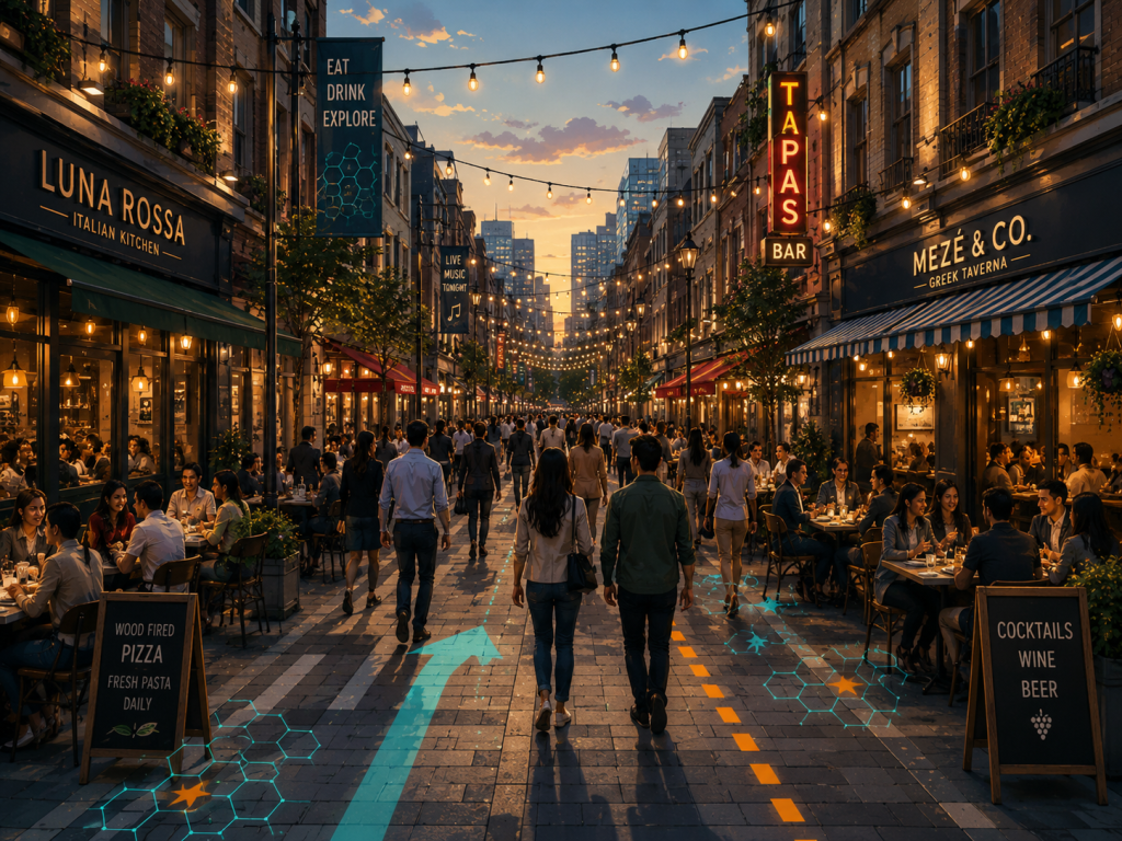 Evening street of busy restaurants and bars with diners and pedestrians, location paths marked on the pavement