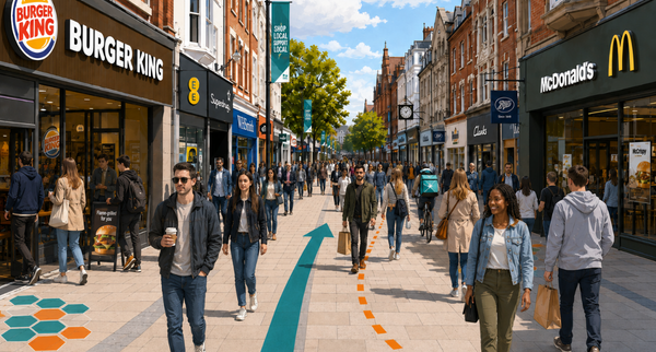 Busy high street with Burger King and McDonald's restaurants facing each other
