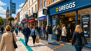 Shoppers walking past a Greggs bakery on a busy UK high street