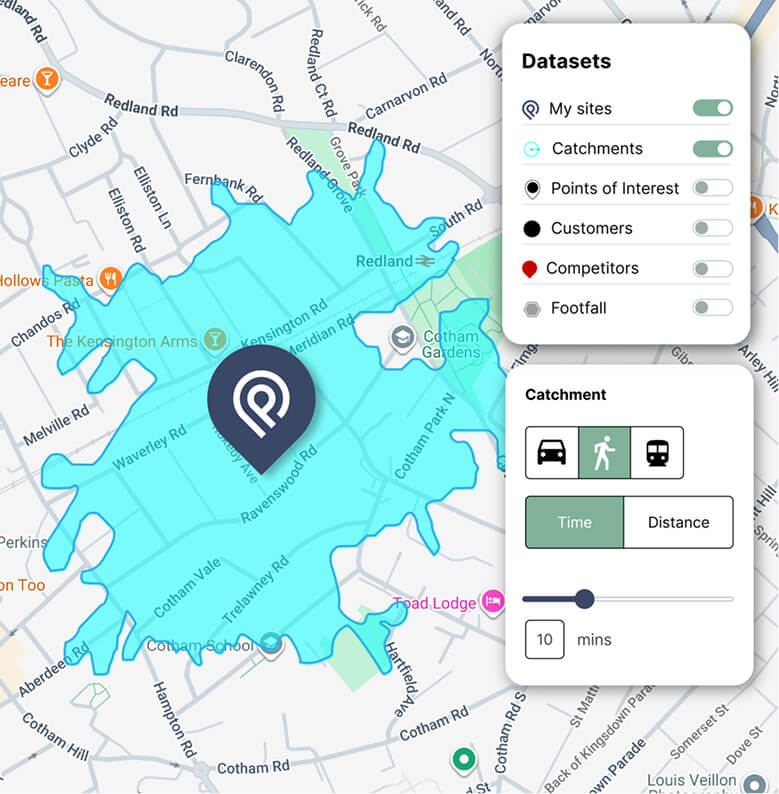 Periscope map showing a 10-minute walking catchment around a site