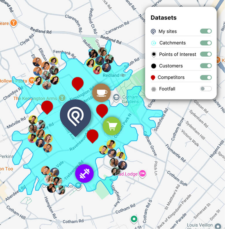 Periscope map showing customers, competitors and points of interest within a site's catchment