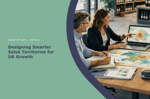 Case study cover: Designing Smarter Sales Territories for UK Growth, with a team reviewing territory maps