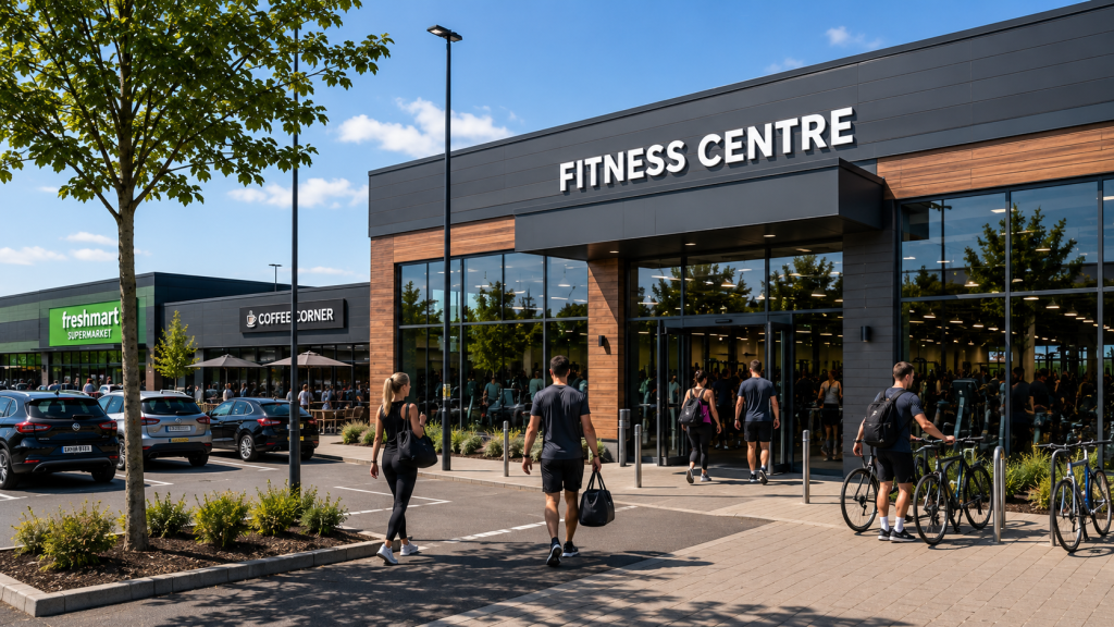 Shoppers and cyclists outside a fitness centre in a modern retail park