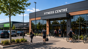 Shoppers and cyclists outside a fitness centre in a modern retail park