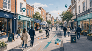High street of cafes and shops with location pins marking places of interest