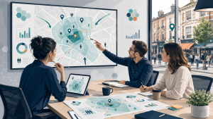 Marketing team reviewing a location map with data clusters on a wall screen and tablet