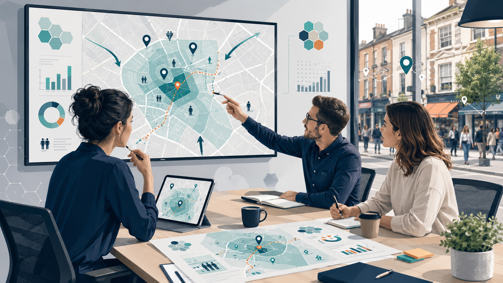 Marketing team reviewing a location map with data clusters on a wall screen and tablet