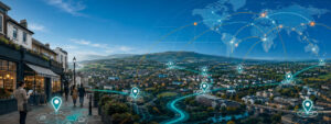 Hillside town with location pins and network lines connecting places across the landscape