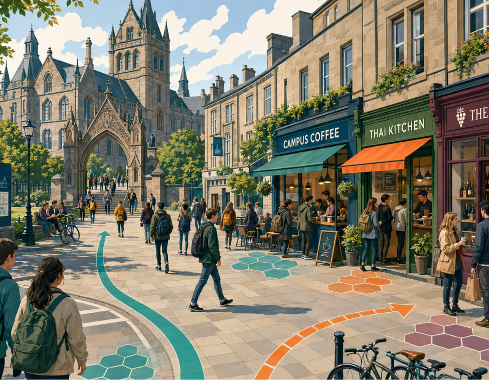Students and shoppers on a busy street near a university, with cafes and restaurants