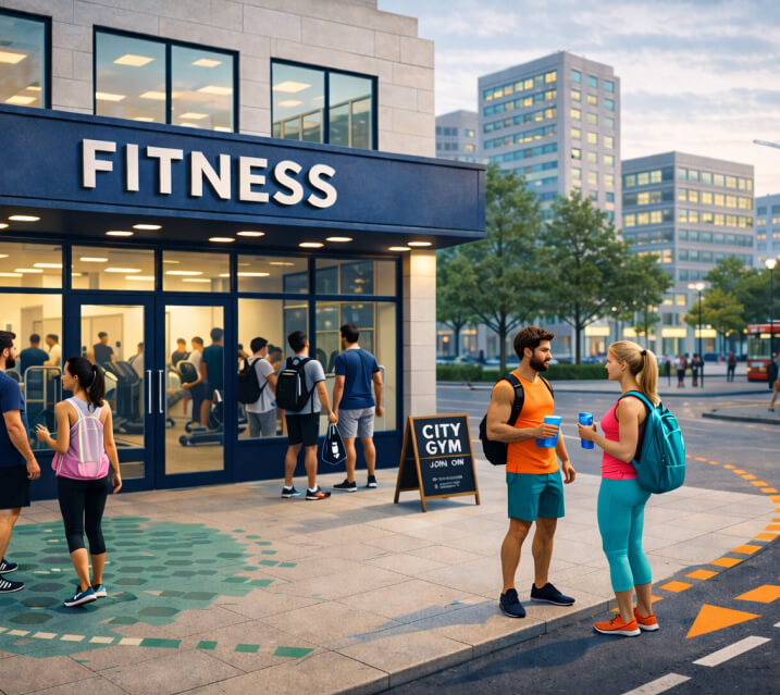 Gym-goers chatting outside a city fitness club