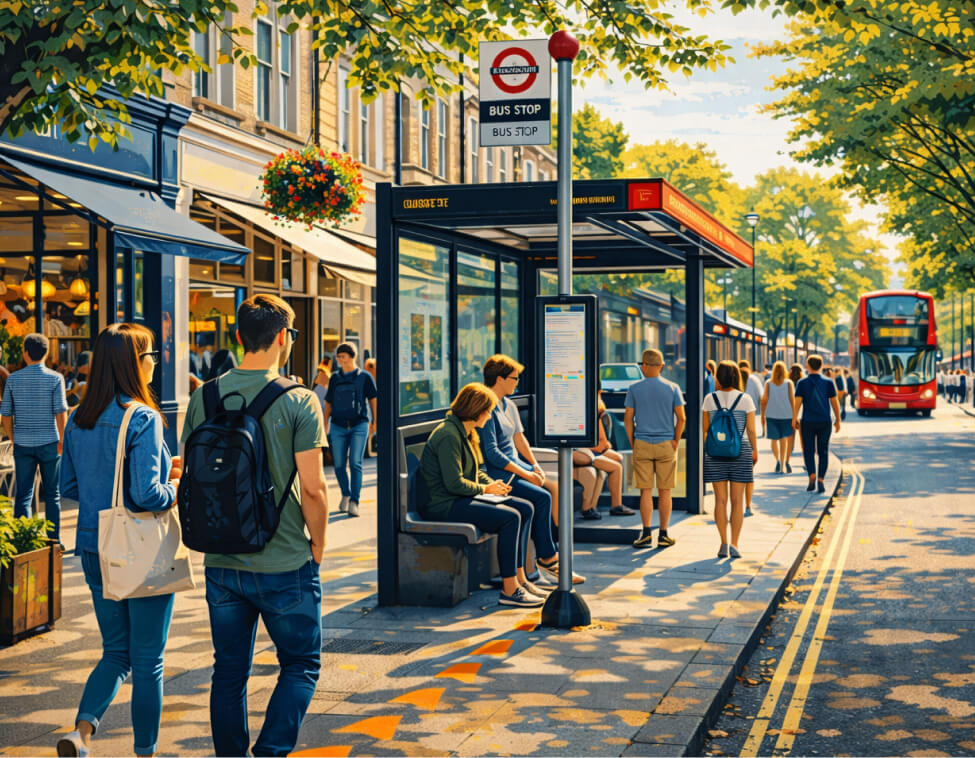 People waiting at a busy bus stop on a high street