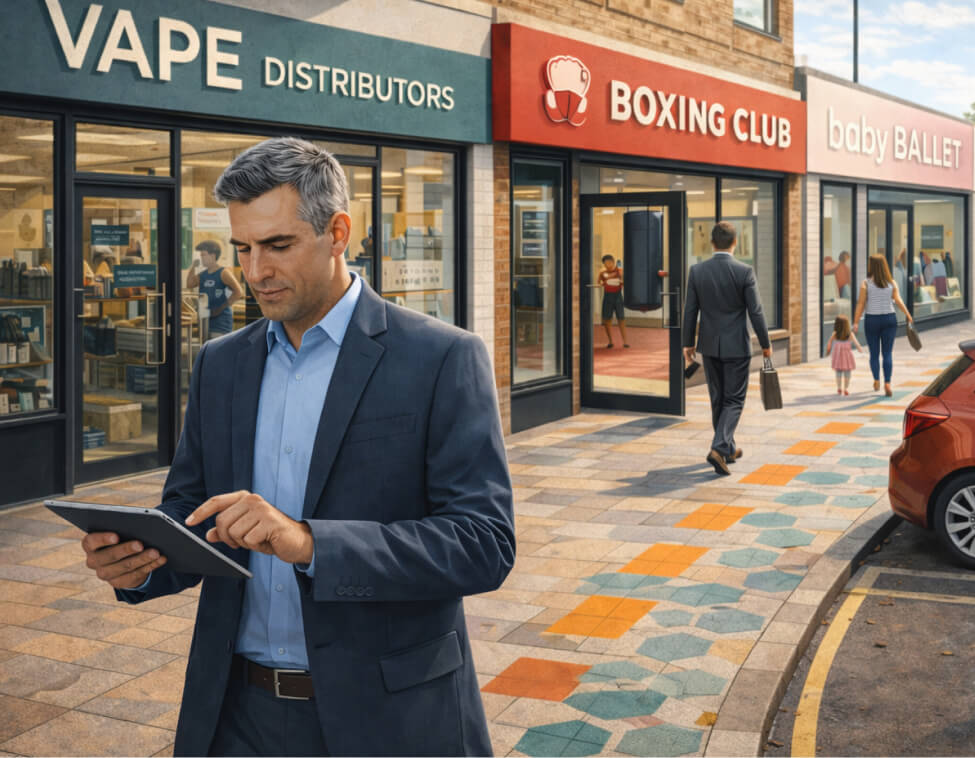 Businessman using a tablet outside a parade of local shops, including a vape distributor, boxing club and baby ballet studio