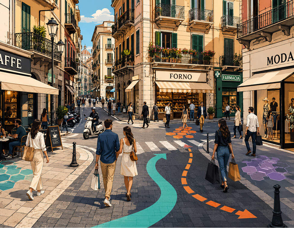 Shoppers walking along a busy European high street with cafes and shops