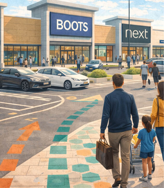 Shoppers crossing a retail park car park towards Boots and Next stores