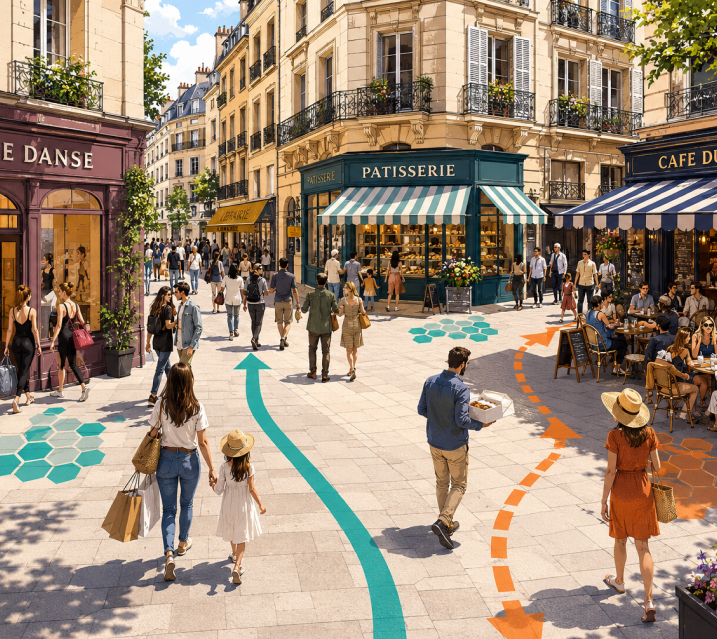 Shoppers on a busy street lined with a patisserie and pavement cafes
