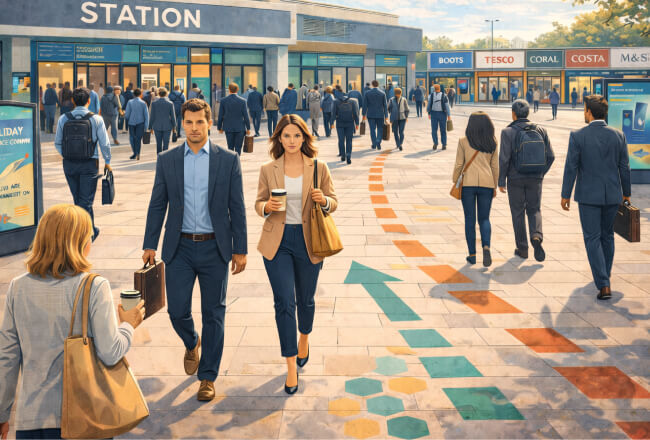 Commuters walking out of a busy station towards a parade of high street shops