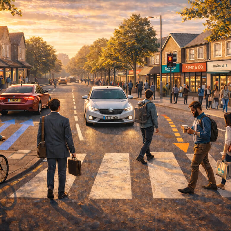 Pedestrians crossing a busy high street at sunset