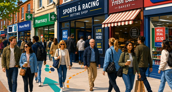 Busy high street with a betting shop, pharmacy and bakery, and shoppers walking past