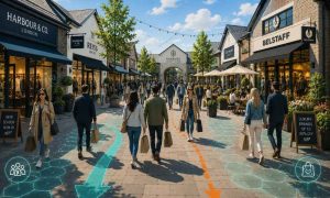 Outlet-style shopping street with shoppers and restaurant terraces, with footfall paths marked