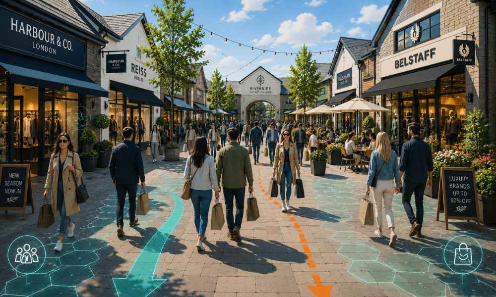 Outlet-style shopping street with shoppers and restaurant terraces, with footfall paths marked