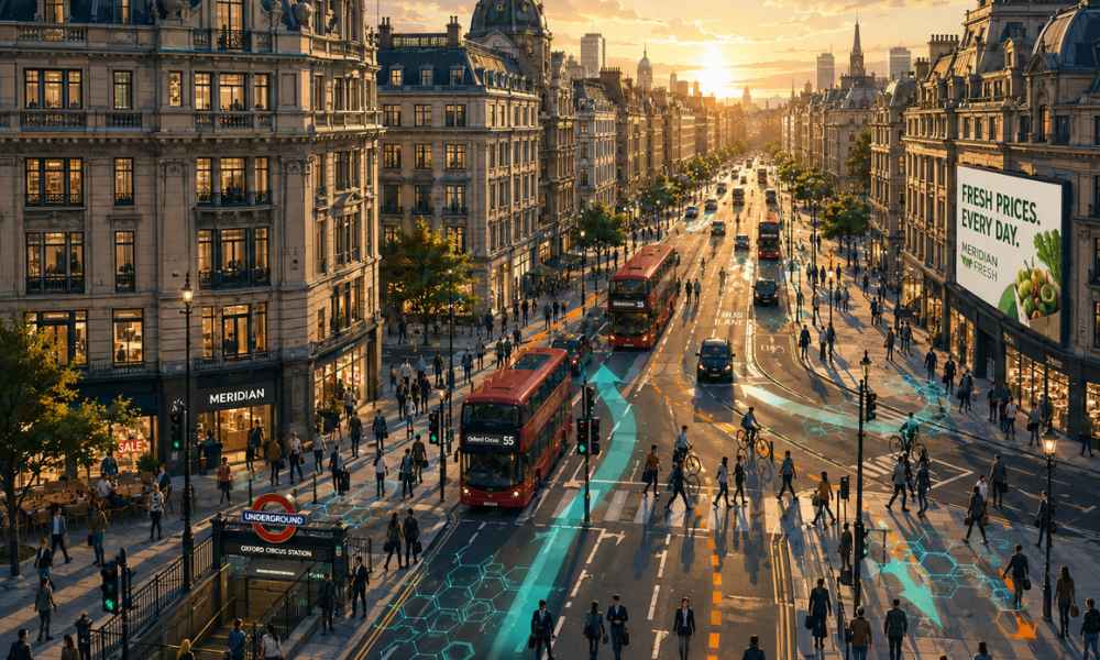 Busy city centre street with buses, pedestrians and highlighted public transport routes