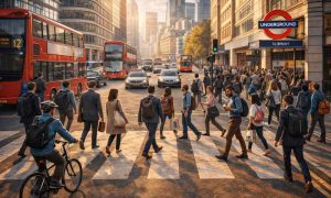 Commuters crossing a busy London street by an Underground station, with red buses behind