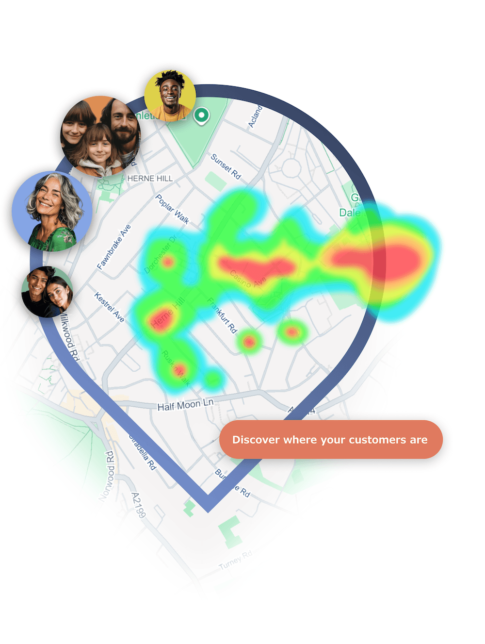 Heat map of where customers are concentrated, with customer photos and the label Discover where your customers are
