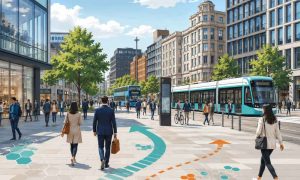 City pedestrians and a passing tram on a wide street, with movement paths highlighted