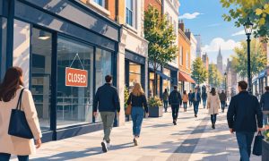 Pedestrians walking past an empty shop with a Closed sign on a high street