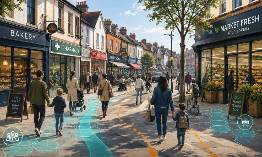 Pedestrians walking past competing cafes and shops on a local street, with footfall paths marked
