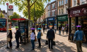 Busy local high street with a bus stop, coffee shop and shoppers, with customer locations highlighted
