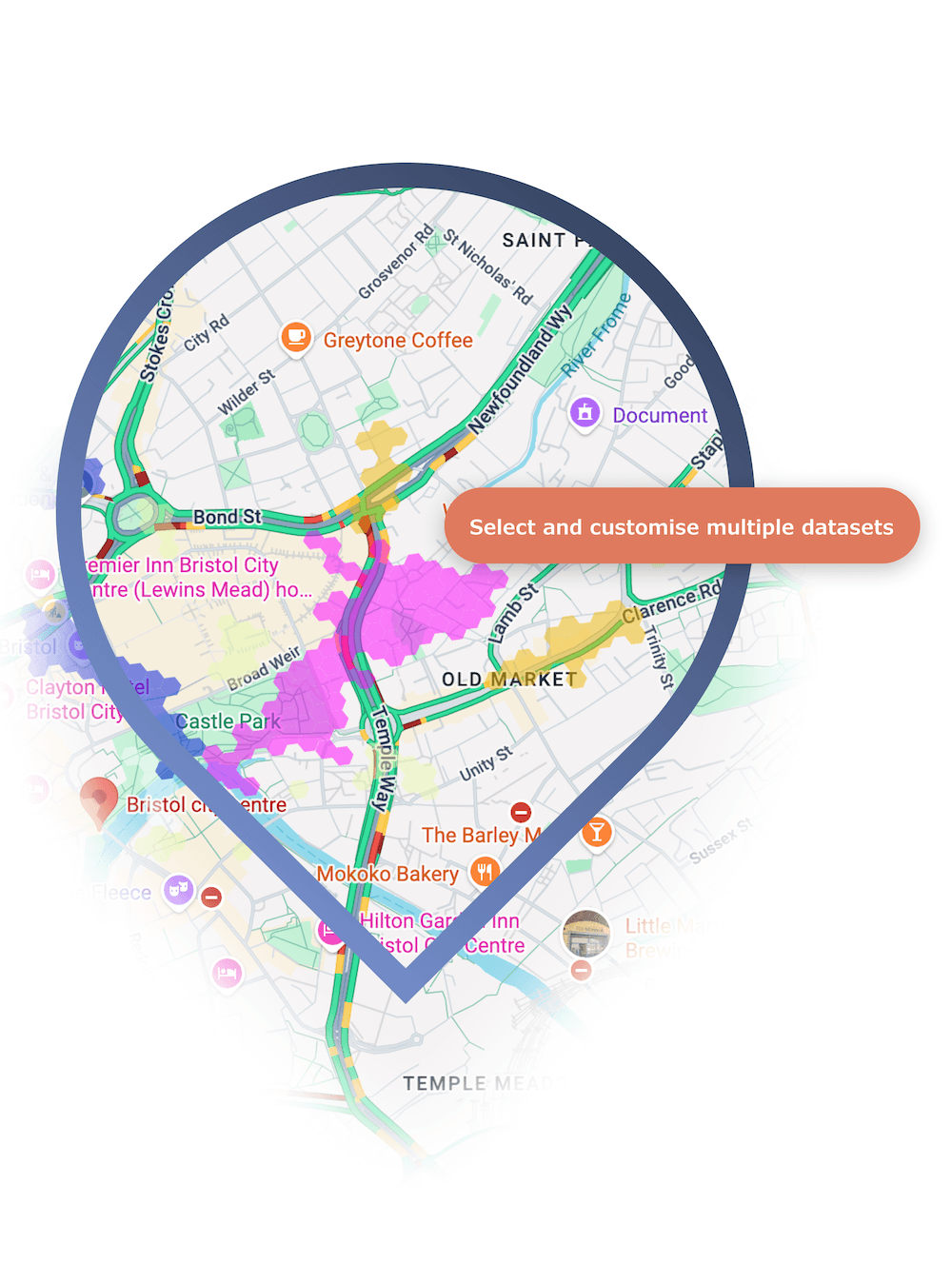 Map of Bristol city centre with several datasets layered on top