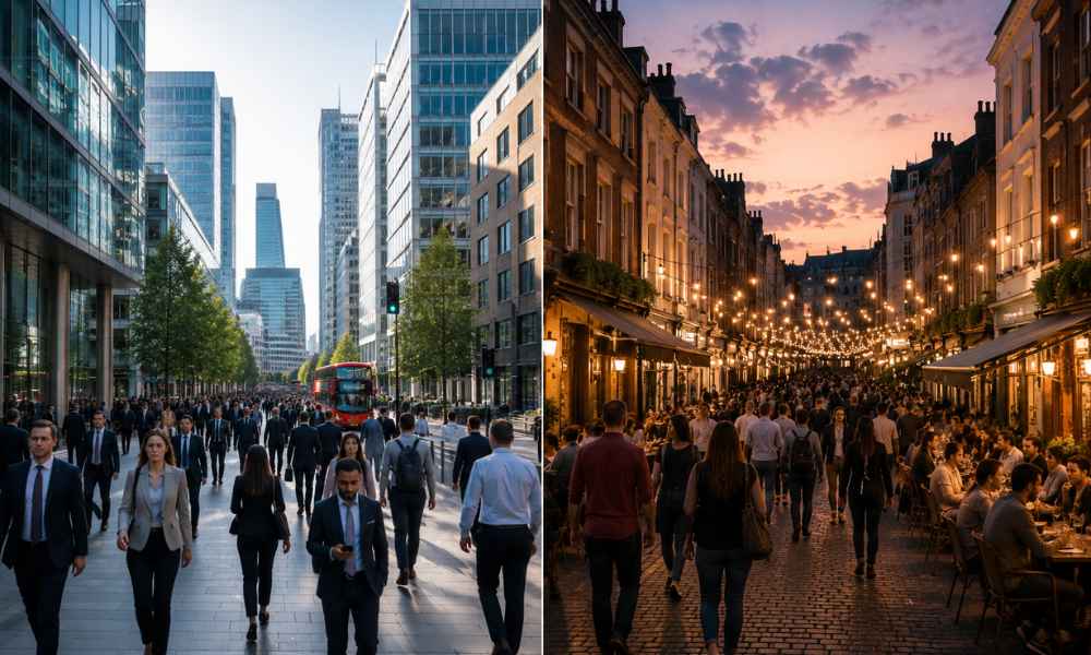 Split-screen city street showing the same area busy by day and lit up at night
