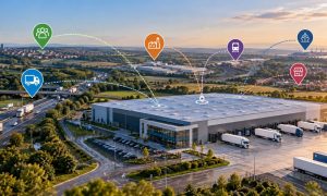 Aerial view of a distribution centre with lorries and location pins linking nearby places