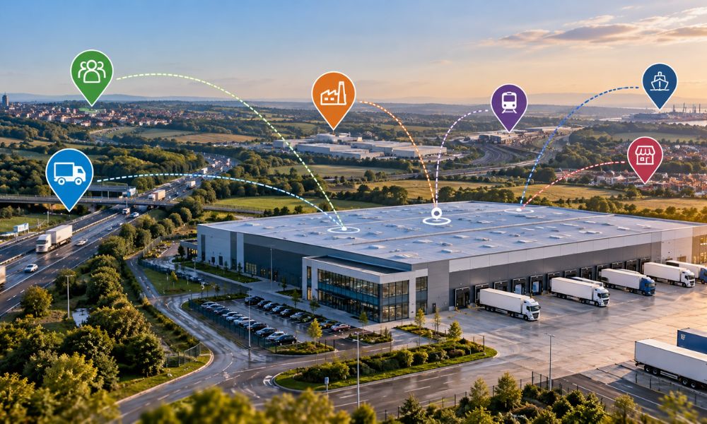 Aerial view of a distribution centre with lorries and location pins linking nearby places