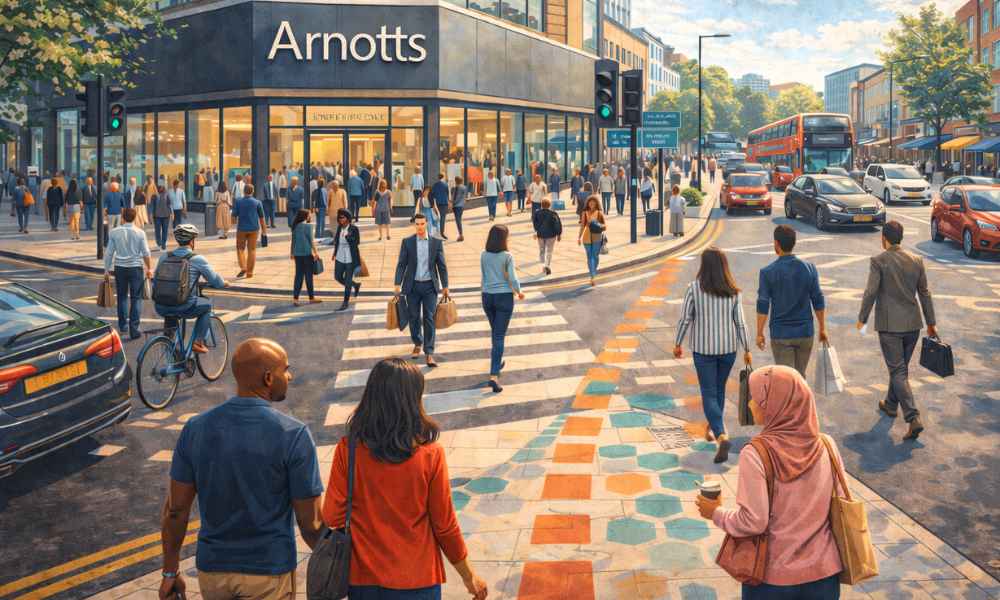 Shoppers crossing a busy street outside Arnotts department store
