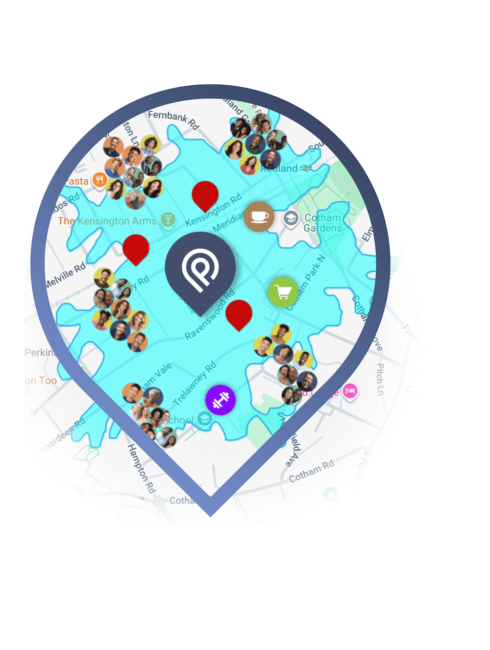 Map of a site's catchment area showing customers, competitors and nearby points of interest