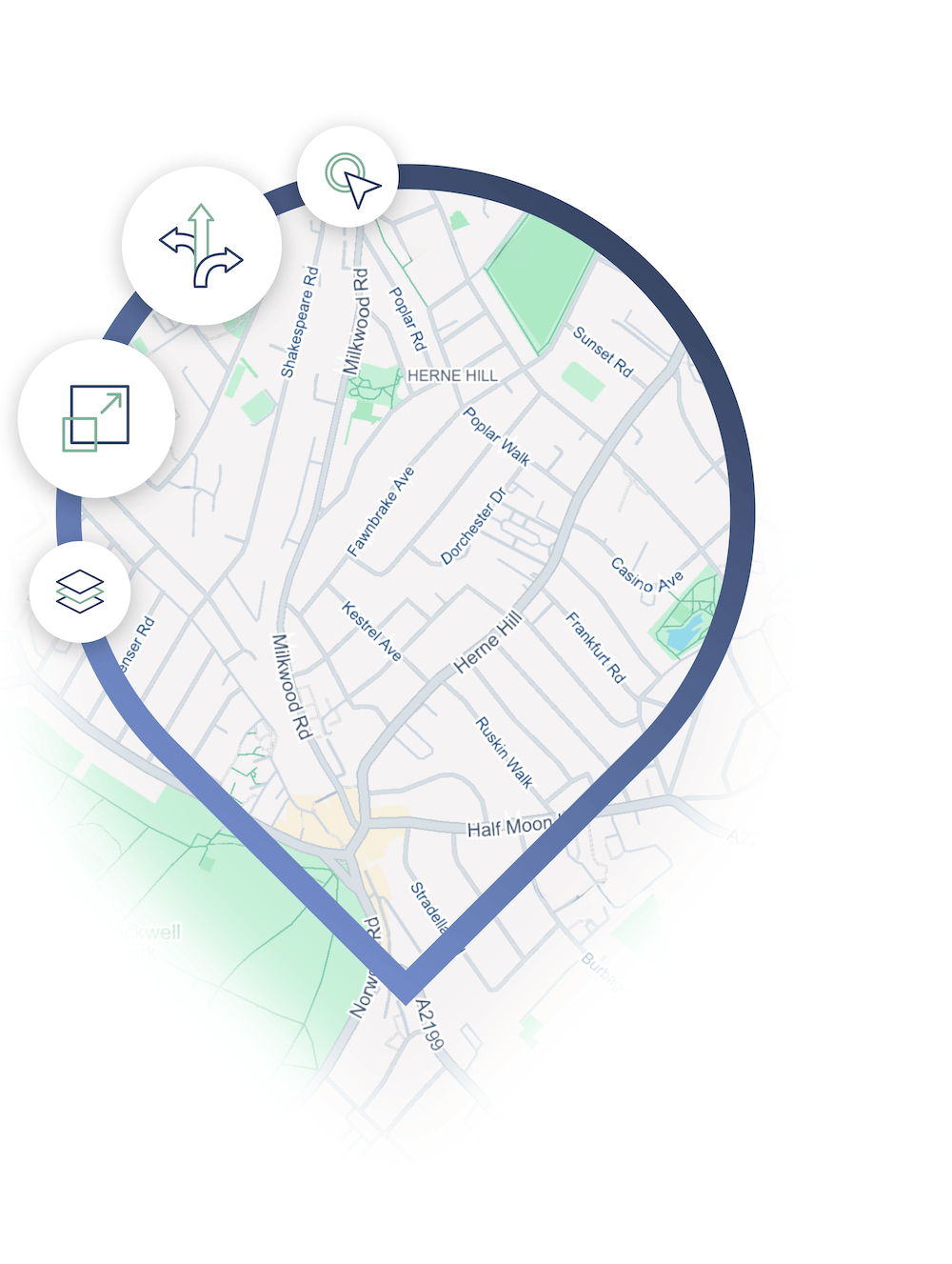 Street map inside a location pin, with icons for the platform's mapping tools
