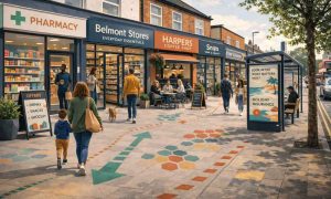 Local parade with a pharmacy, shops and a bus shelter, with shoppers crossing a mapped catchment
