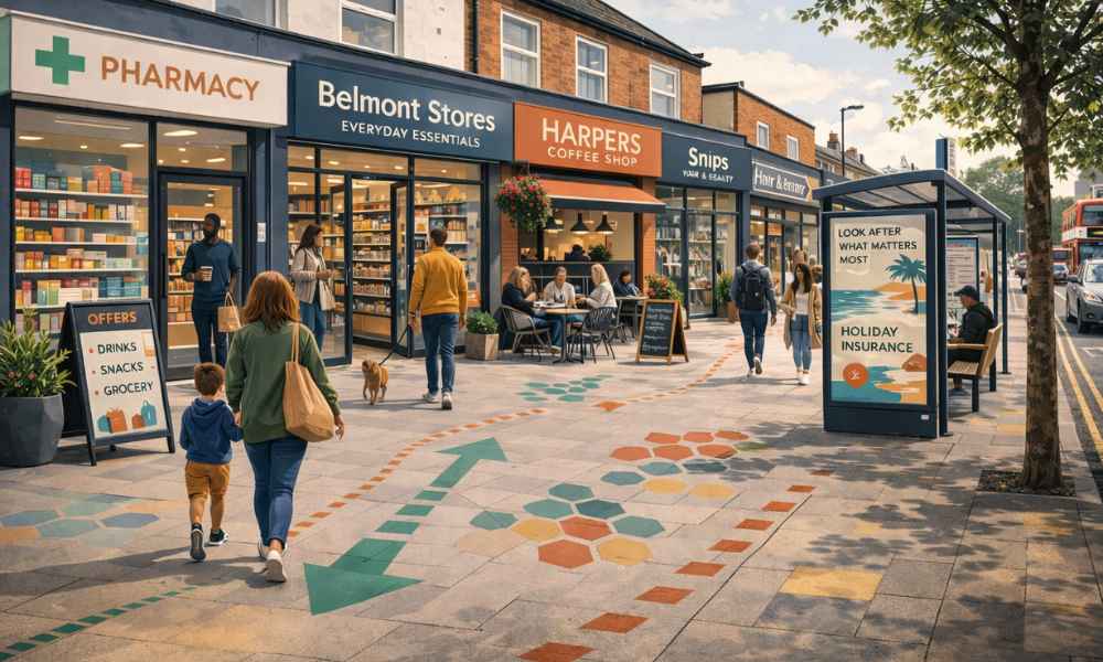 Local parade with a pharmacy, shops and a bus shelter, with shoppers crossing a mapped catchment