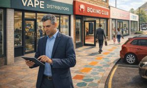 Man using a tablet on a local shopping street of independent shops