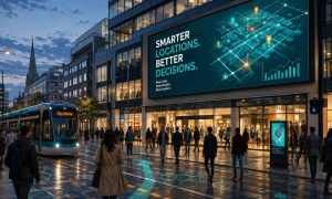 Digital billboard reading Smarter locations, better decisions on a busy city street at dusk