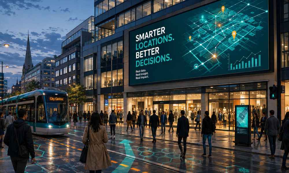 Digital billboard reading Smarter locations, better decisions on a busy city street at dusk