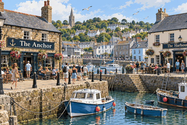 Harbourside pub called The Anchor with boats moored in front and a hillside town behind