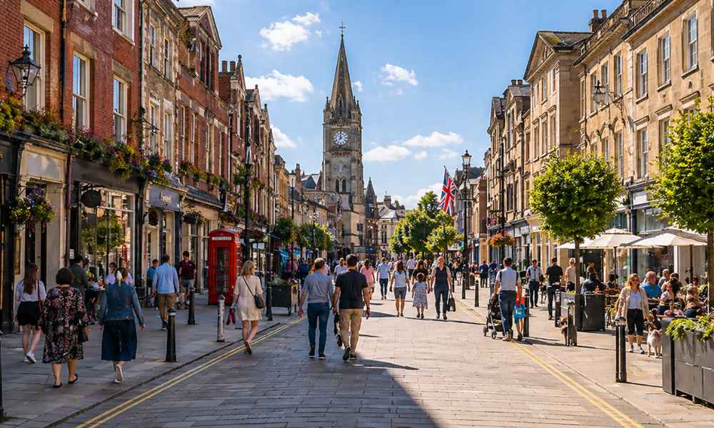 Pedestrianised town centre street with shoppers and a church spire in the distance