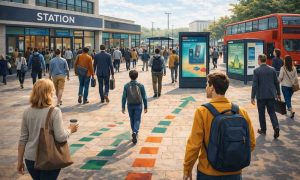 Commuters walking from a station towards shops and bus stops, with footfall routes marked