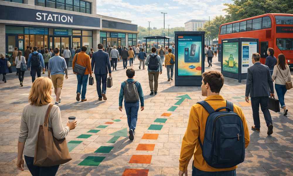 Commuters walking from a station towards shops and bus stops, with footfall routes marked