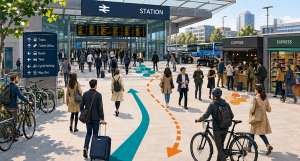 Commuters and cyclists outside a railway station, with movement paths marked on the paving