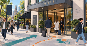 Travellers with suitcases walking past a city hotel entrance